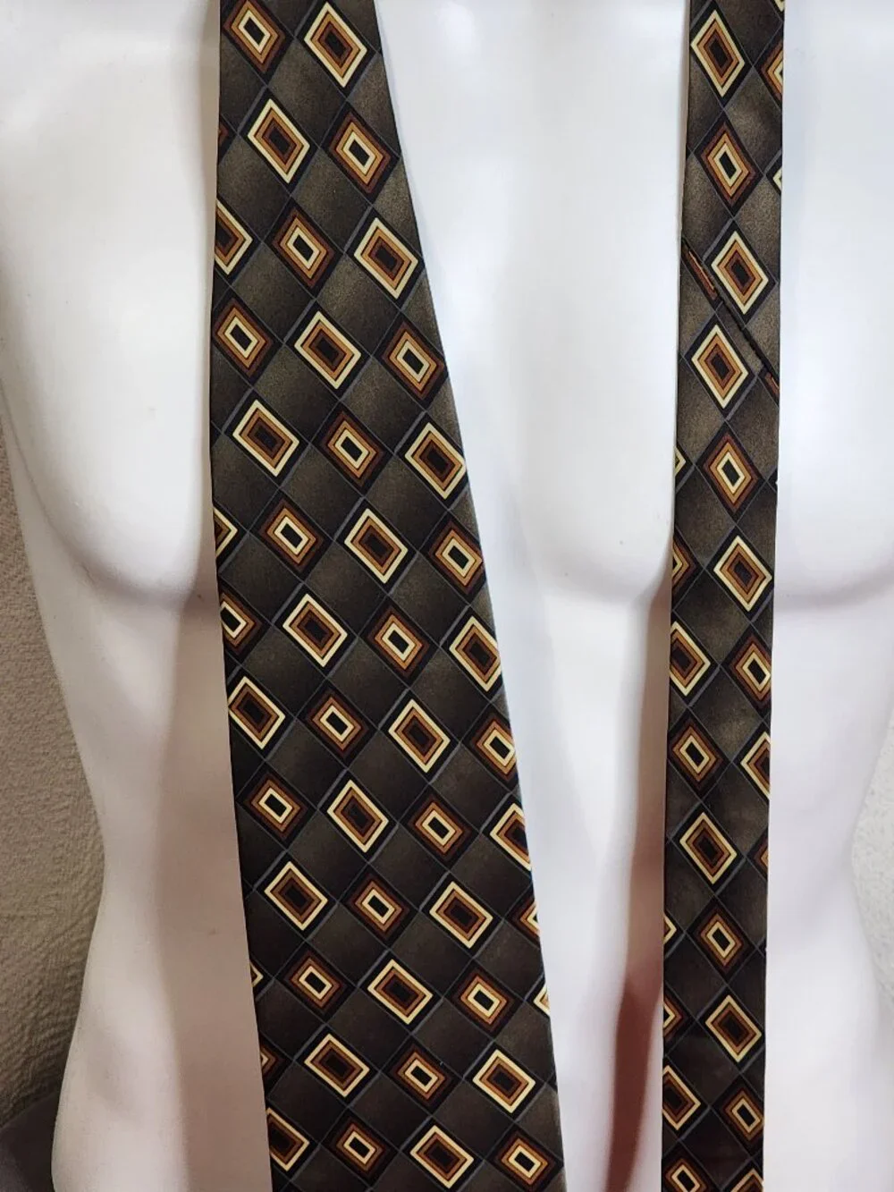 Mosaic Brand Vintage Green Brown Gold Silk Geo Diamond Box Print Hand Made Tie